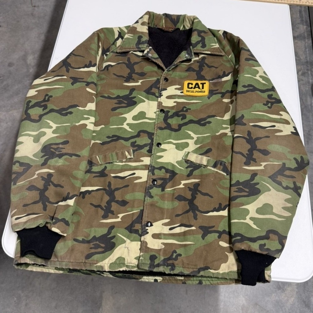 Vintage Pla-Jac CAT Diesel Power Camo Jacket‎ Mens L Fleece Lined Made in USA